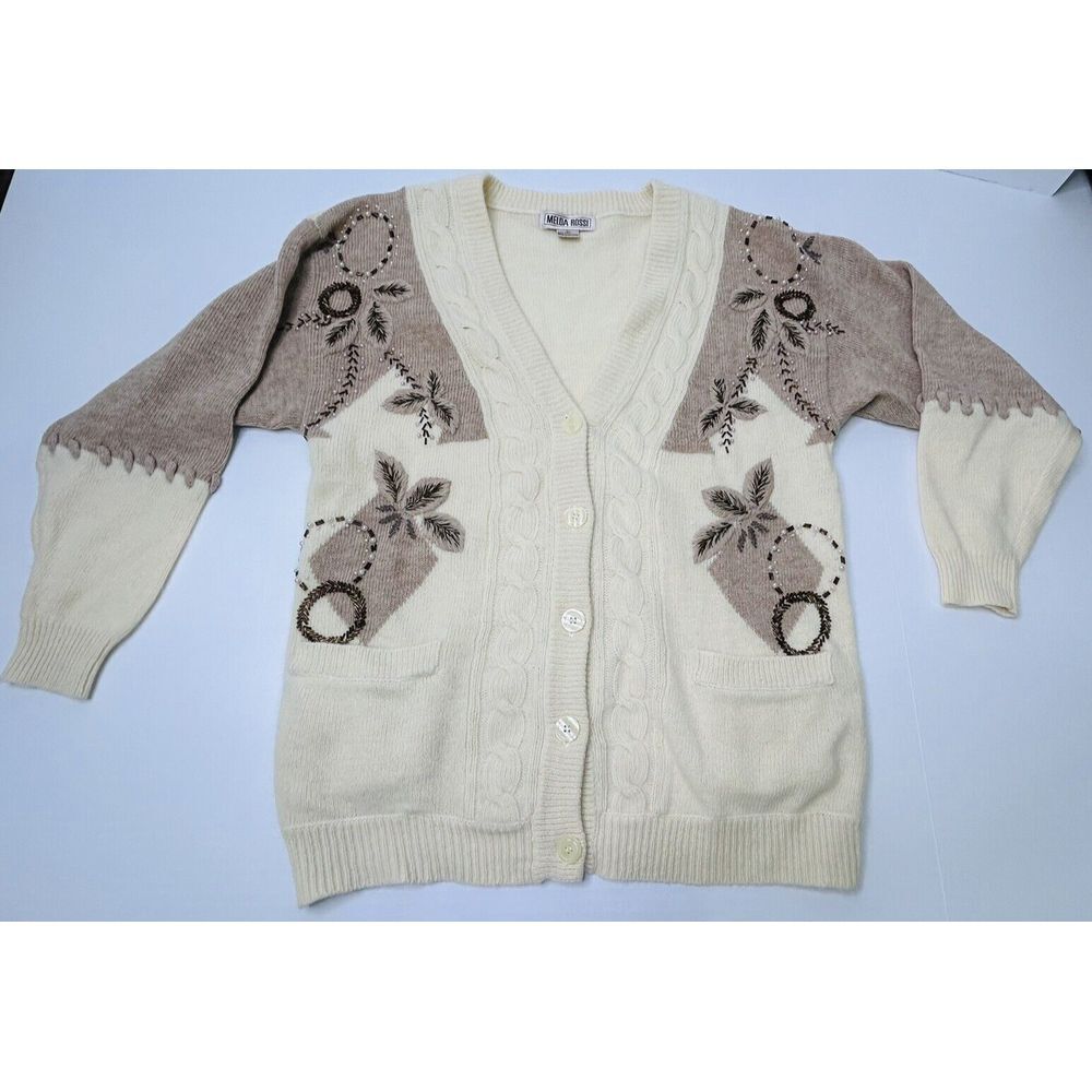 Melda Rossi Womens Cardigan Sweater Embroidered Beaded Large Beige + Brown VTG